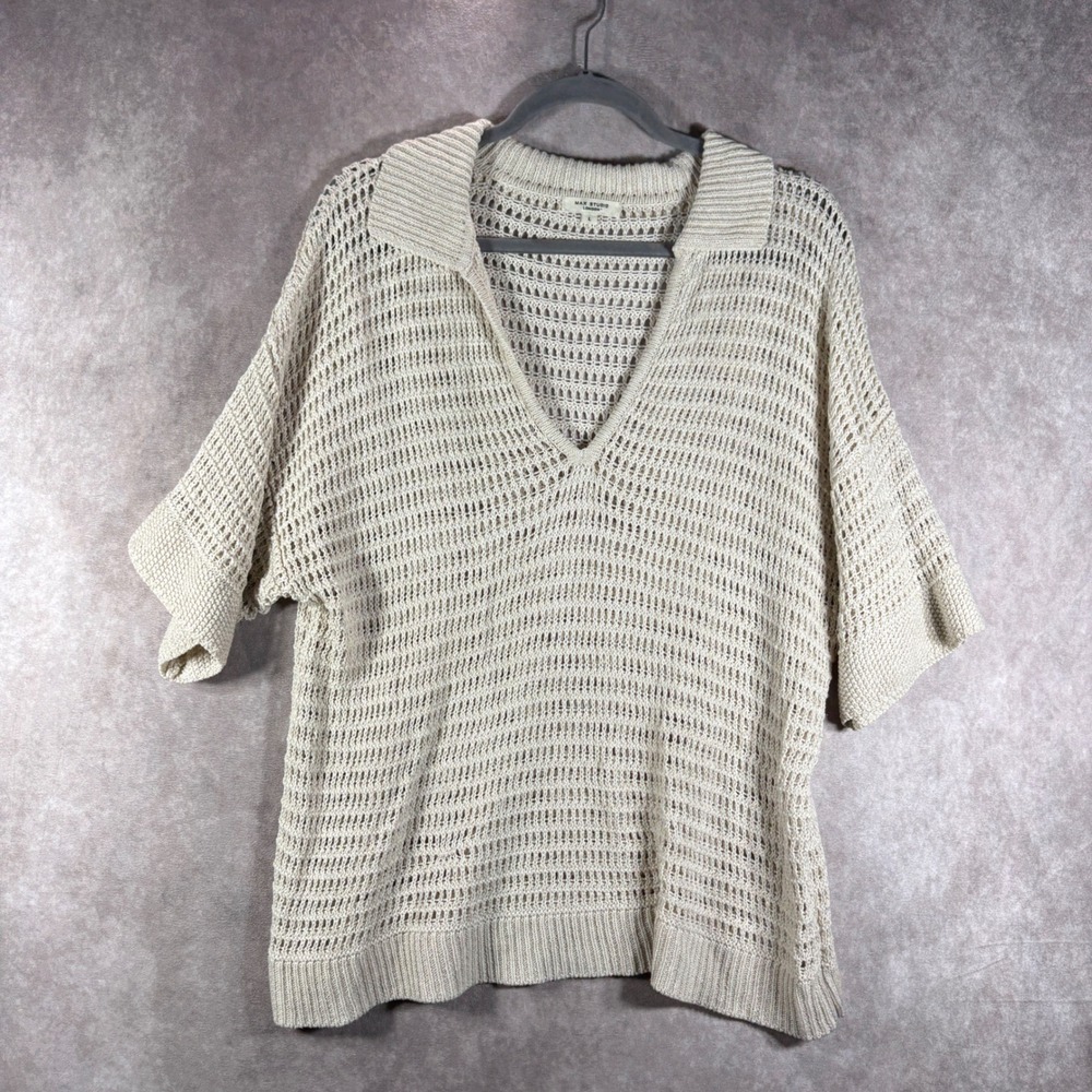 Max Studio Sweater Womens L Beige London Open Knit Crochet Polo V-Neck Short Slv